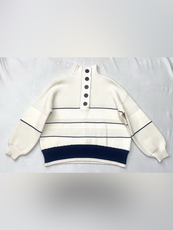 Vita Grace Sweaters - Vita Grace Cream and Navy Soft Thick Button Up Neck Waffle Sweater Women's Top